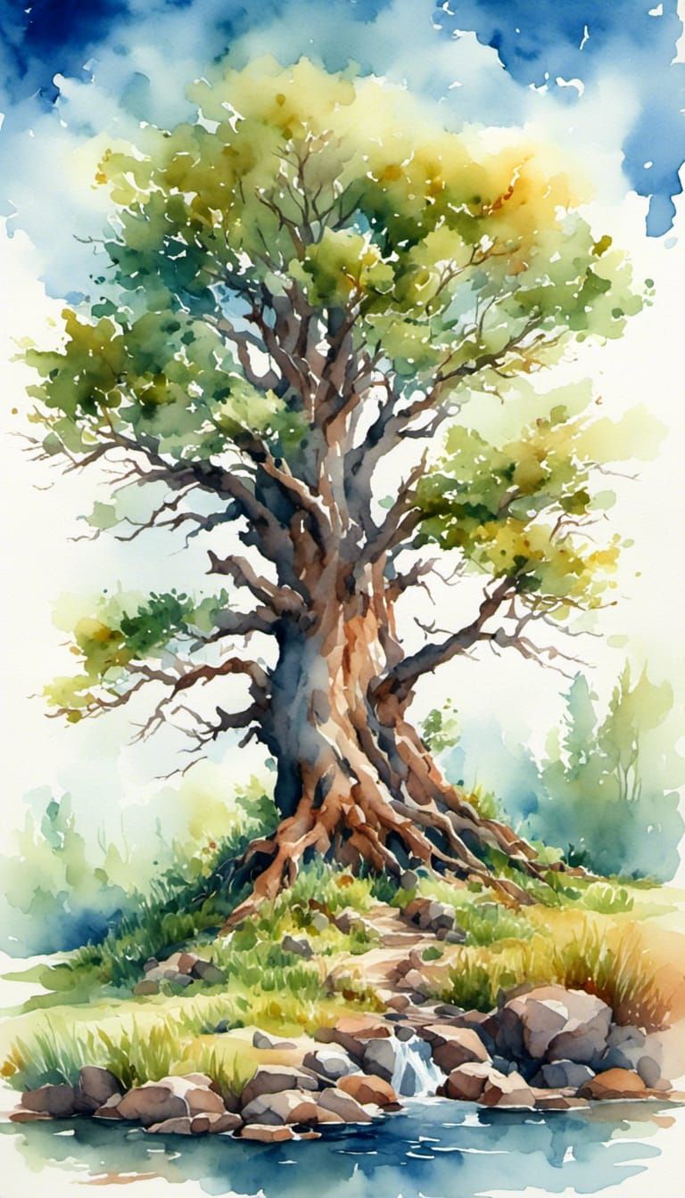 Watercolor Tree in Lush Landscape Painting