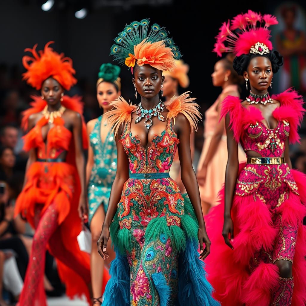 Elegant Black Models Strut Flamingo and Peacock-Inspired Hau...