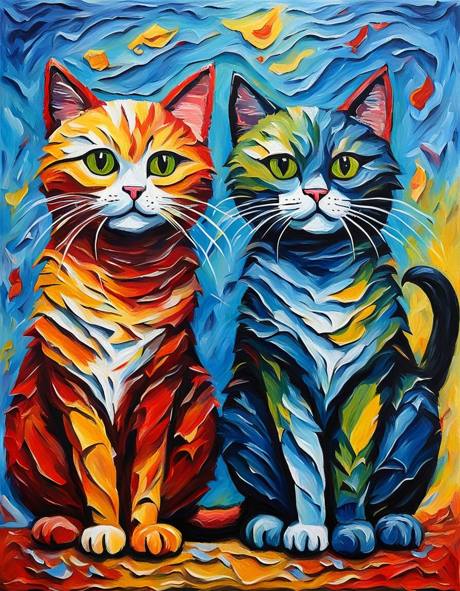 Two cats, acryl impasto painting  colorful