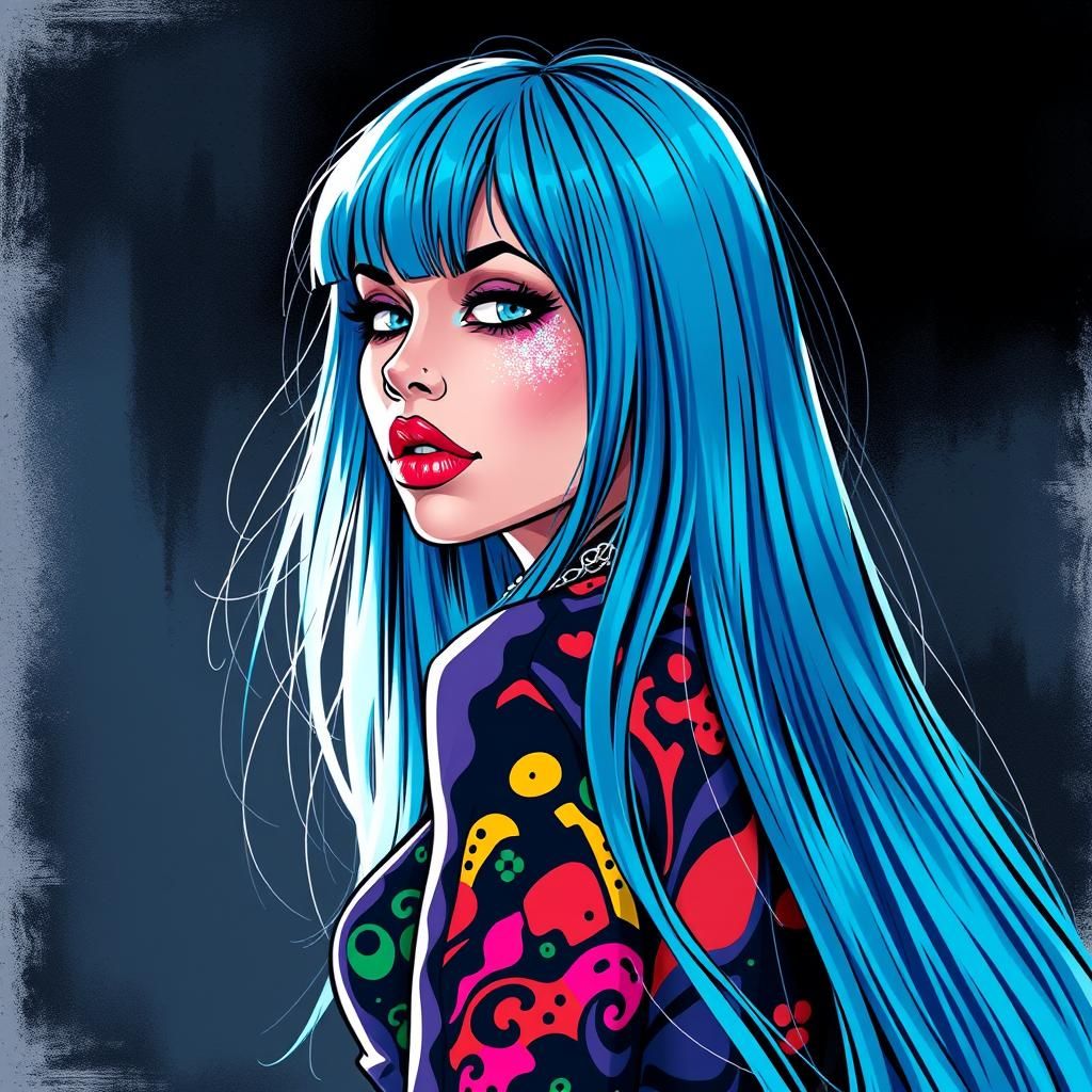Woman with Blue Hair in Comic Book Style