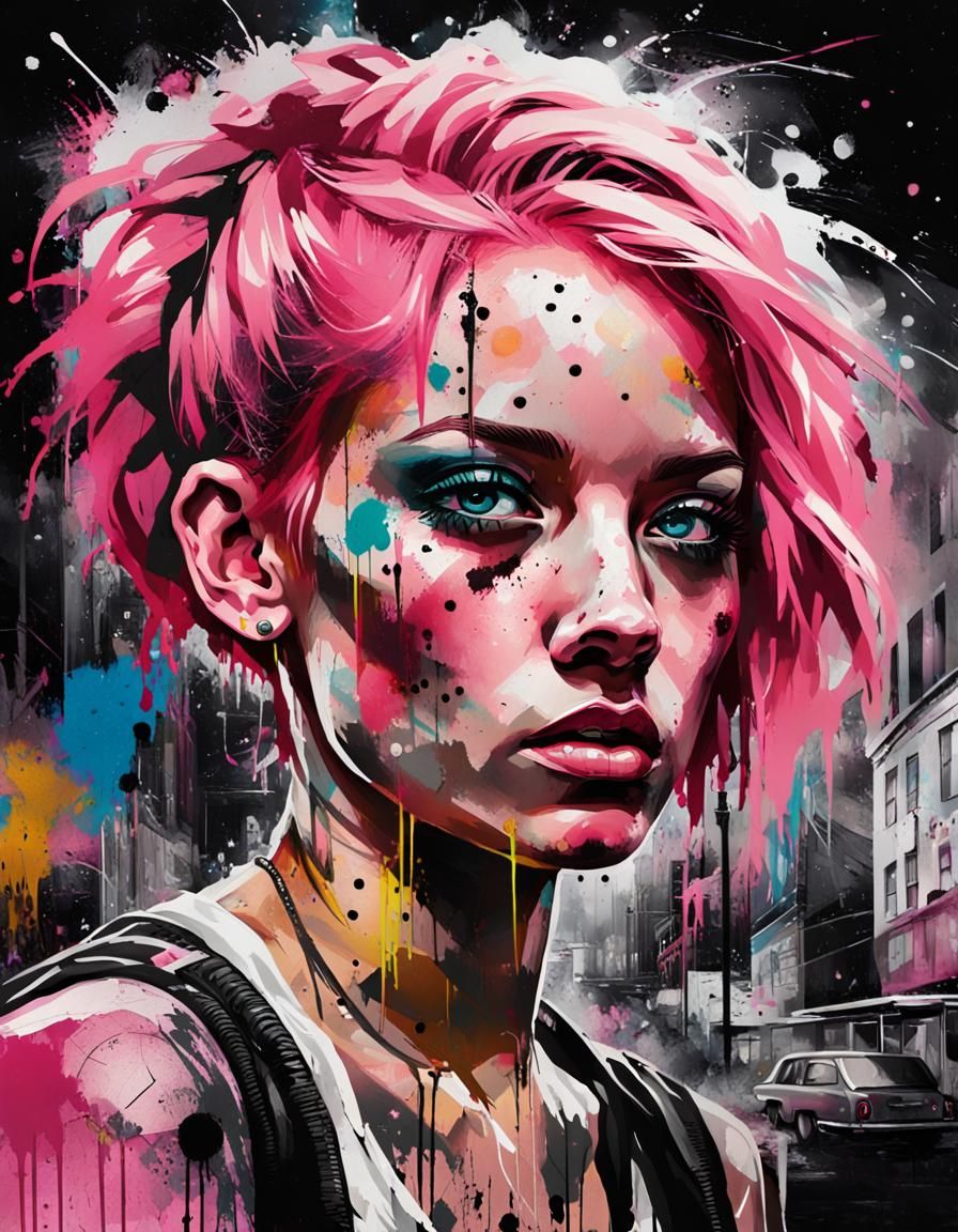 Trash Polka Portrait of Woman with Pink Hair