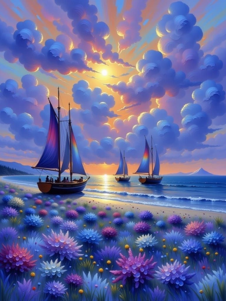 Impressionist Sailing Boats on Serene Beach Landscape