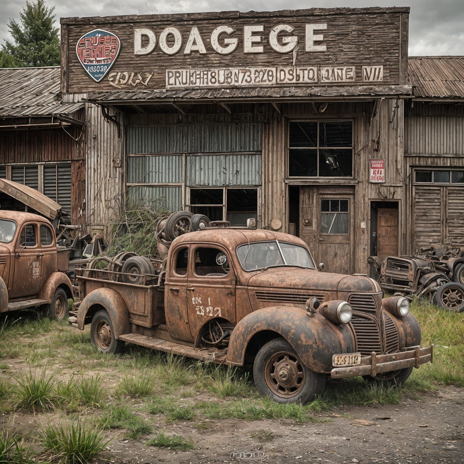 Rusty Dodge Tow Truck at Abandoned Garage