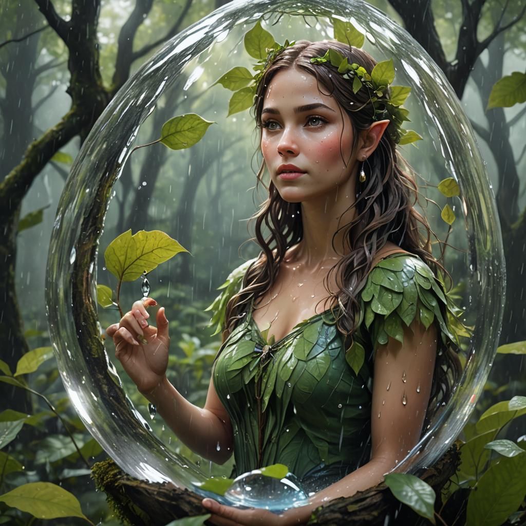 Fairy in Waterdrop in Rainy Forest
