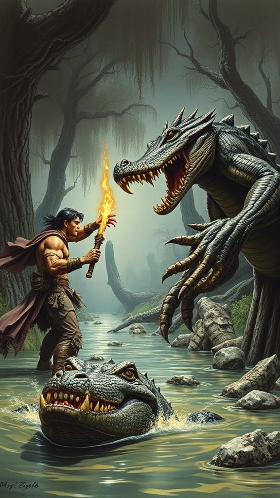 Conan Battles Alligator in Dramatic Fantasy Art