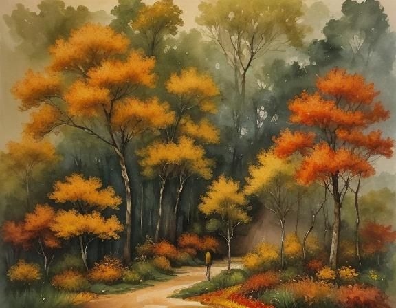 Melancholic Figure Amidst Autumn Leaves in Impressionist Sty...