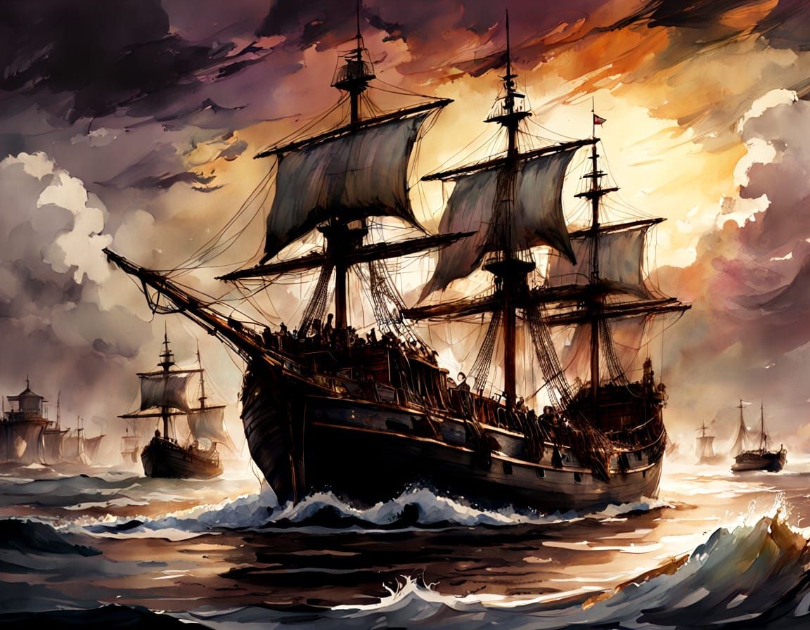 Watercolor Splash Art of a Lass Sailing on the Sea