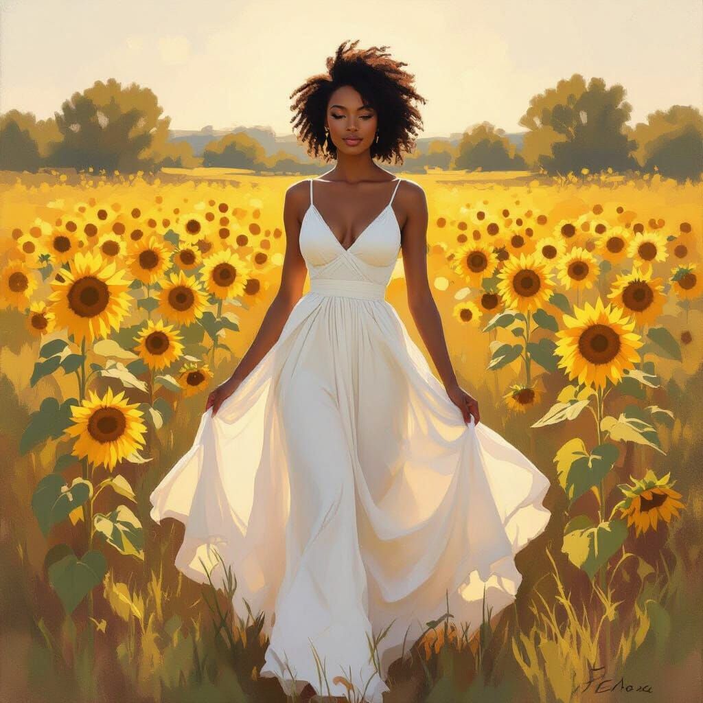 African American Woman in Sunflower Field, Golden Sunlight