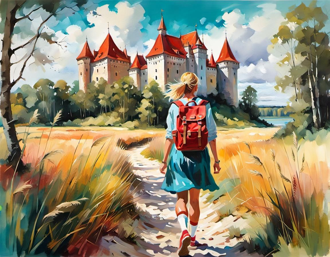 Backpacker's Journey to Trakai Castle: Oil Painting