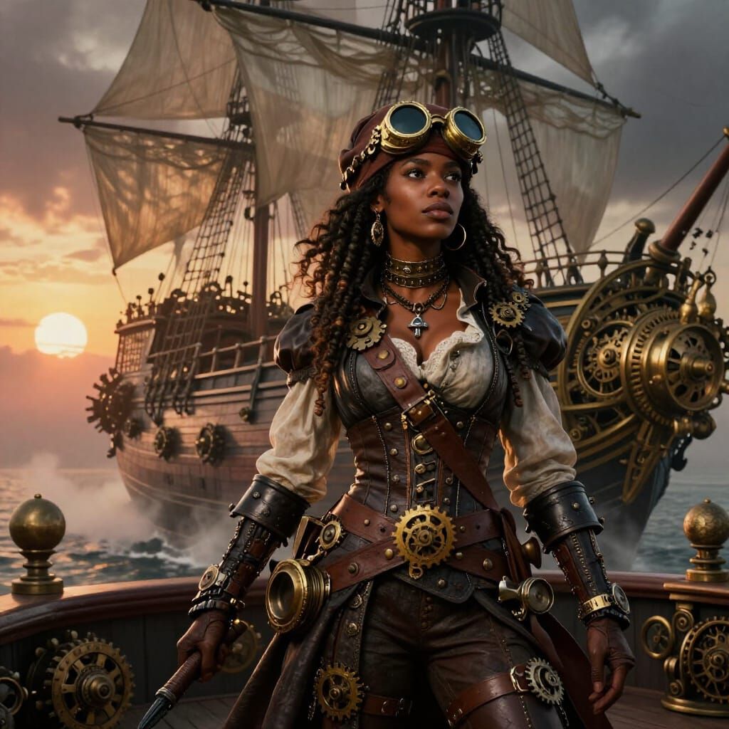 Steampunk Pirate Captain on Airship Deck
