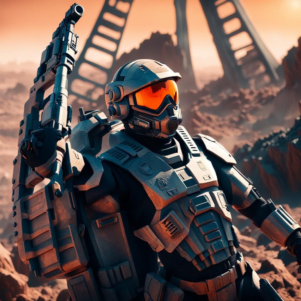 Futuristic Soldier on Wasteland Planet in Space Opera