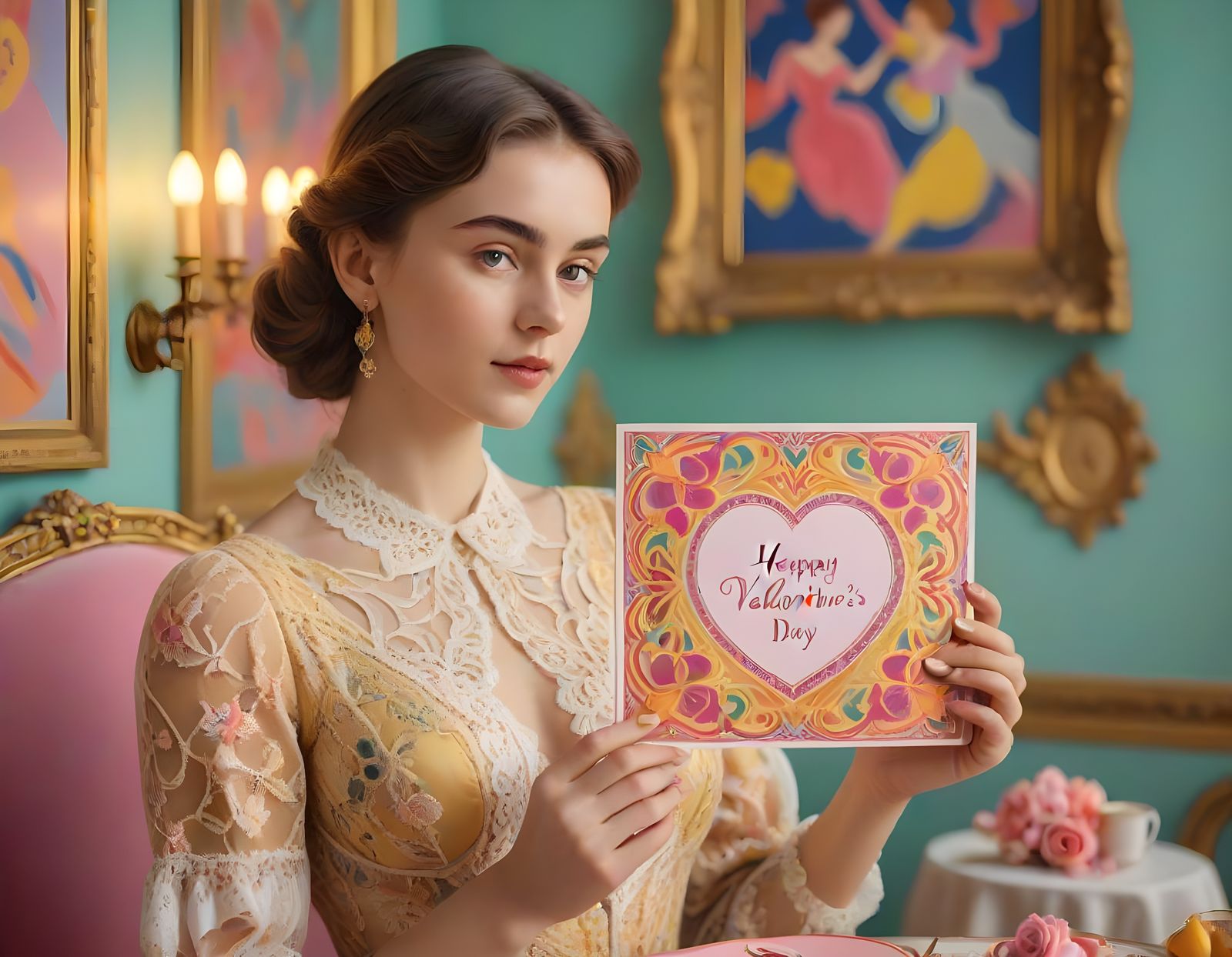 Romantic Valentine's Day Card Held by a Woman in Elegant Sty...