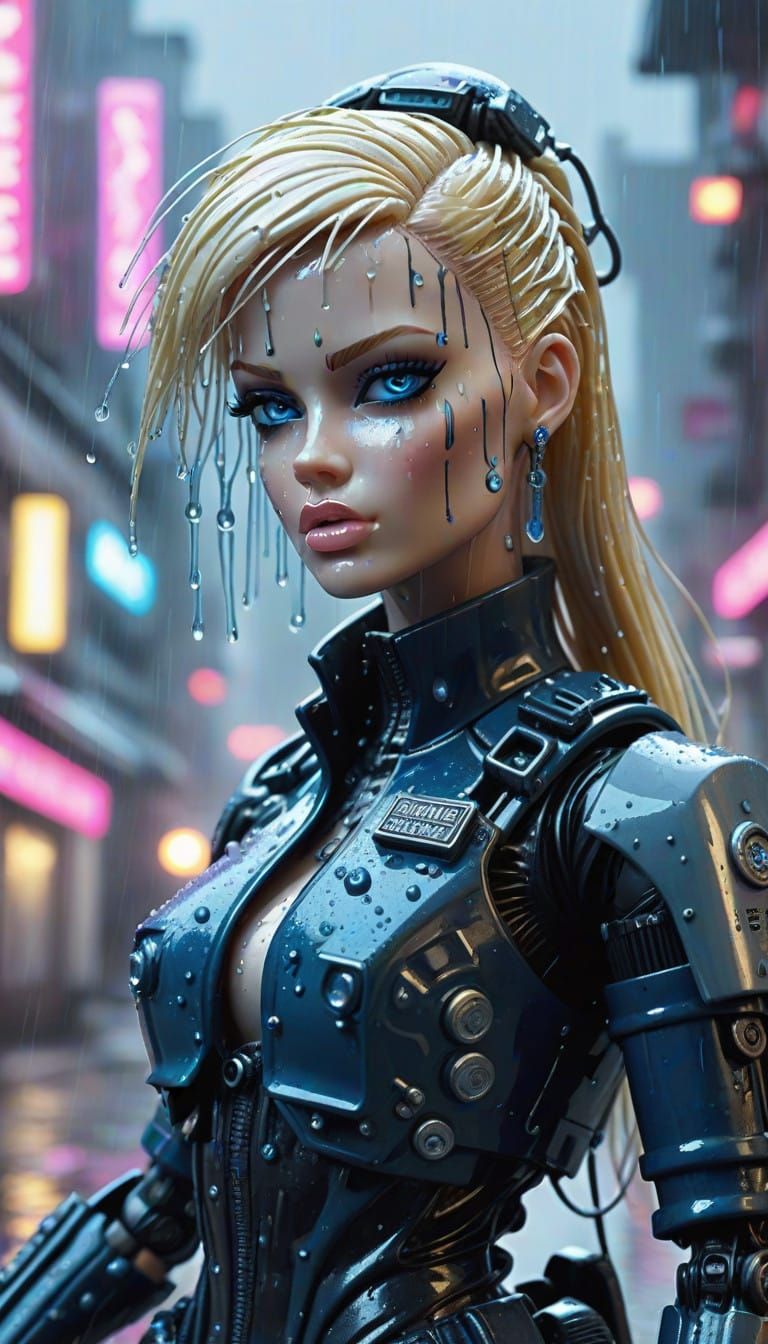 Cyberpunk Policewoman Unleashed in Rainy City Streets