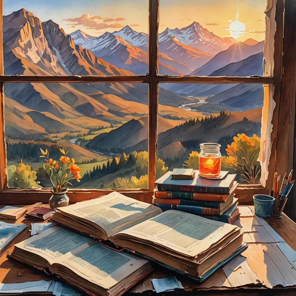 Gouache Watercolor of Books with Mountain View