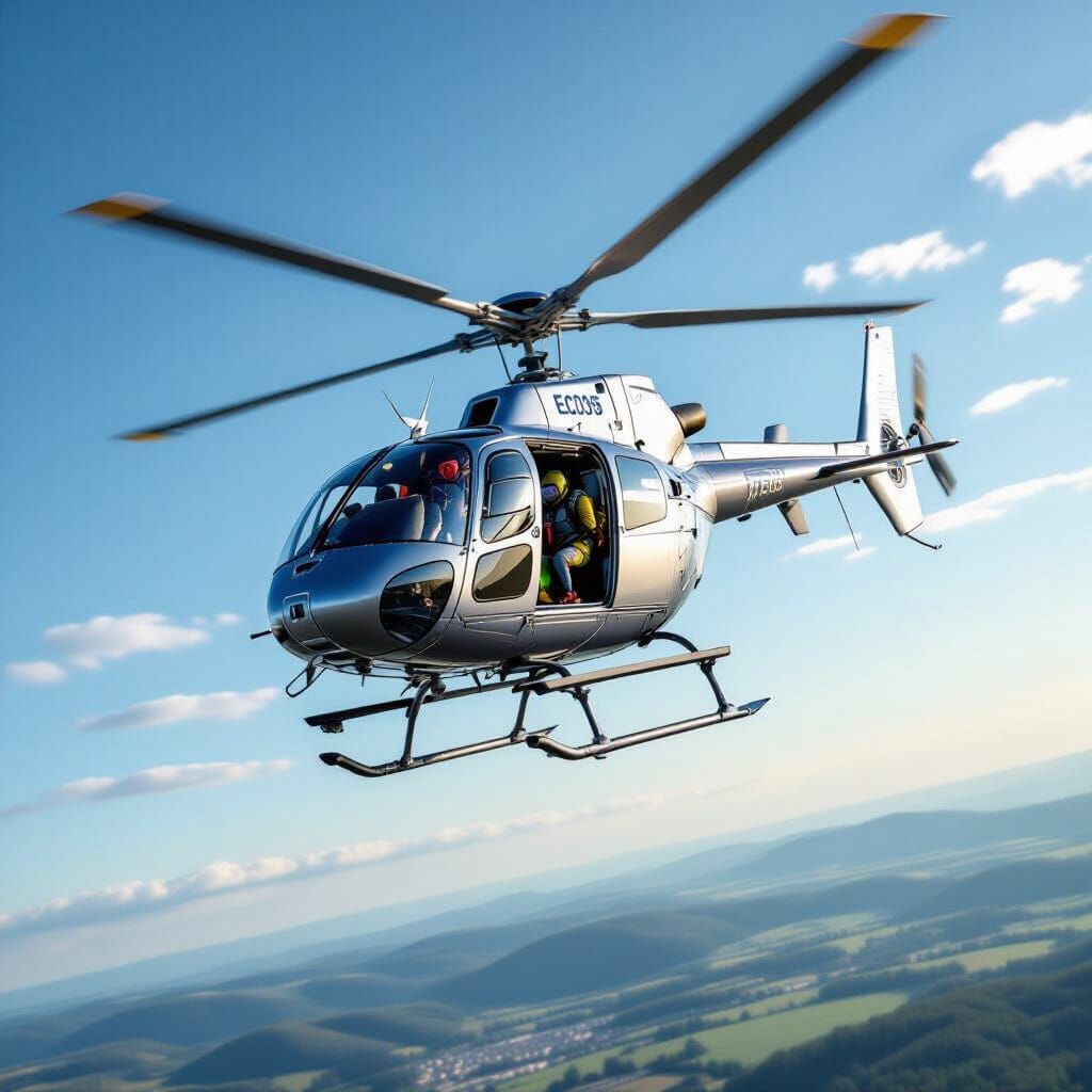 Helicopter Mid-Flight with Skydivers Leaping Out