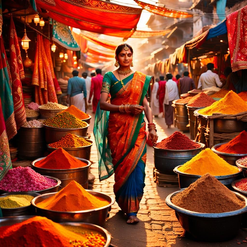 Indian Folk Art Saree in Vibrant Rajasthan Market Scene
