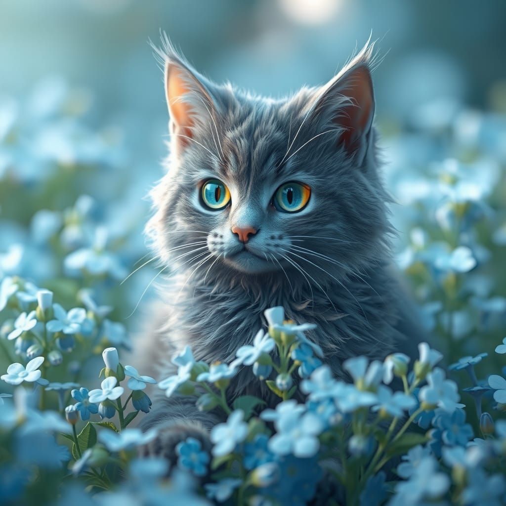 Blue Grey Cat in Forget-Me-Nots: Digital Anime Art