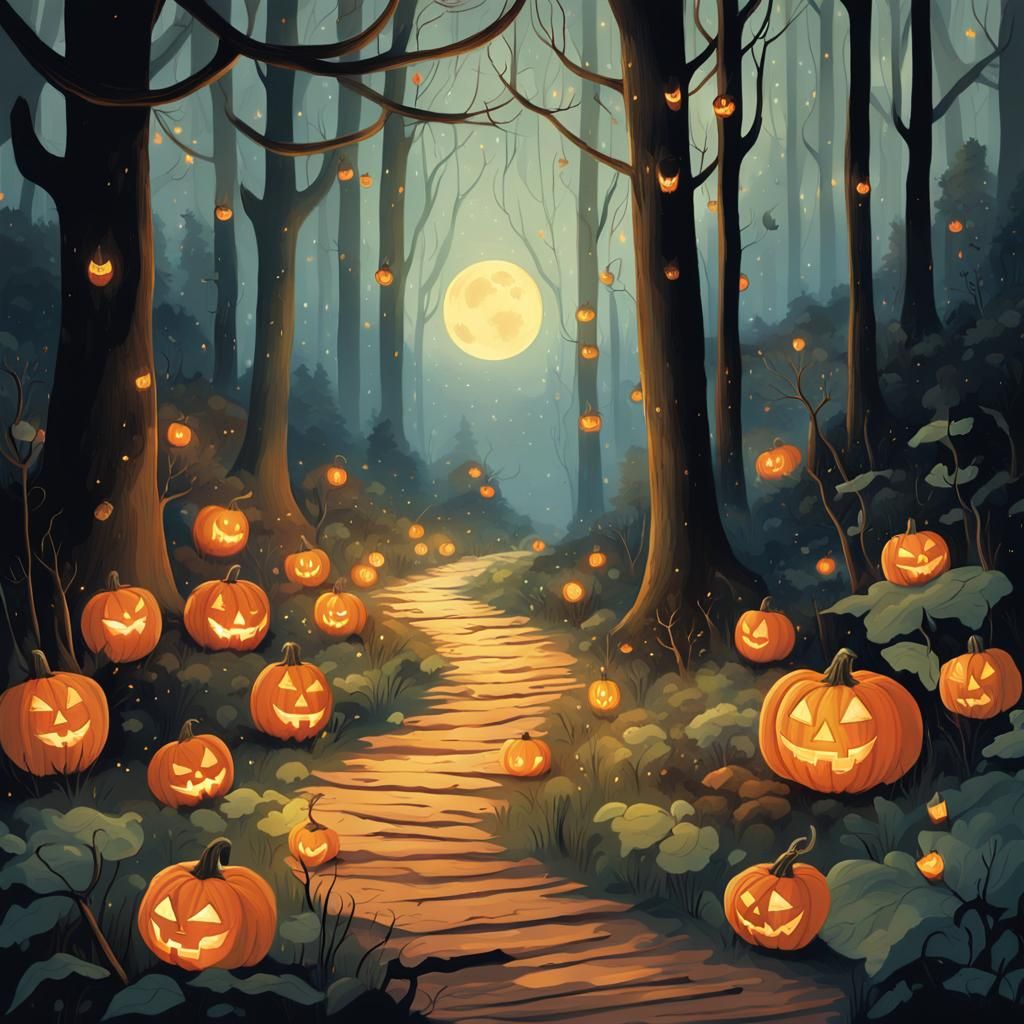 Enchanted Forest Path with Halloween Lanterns