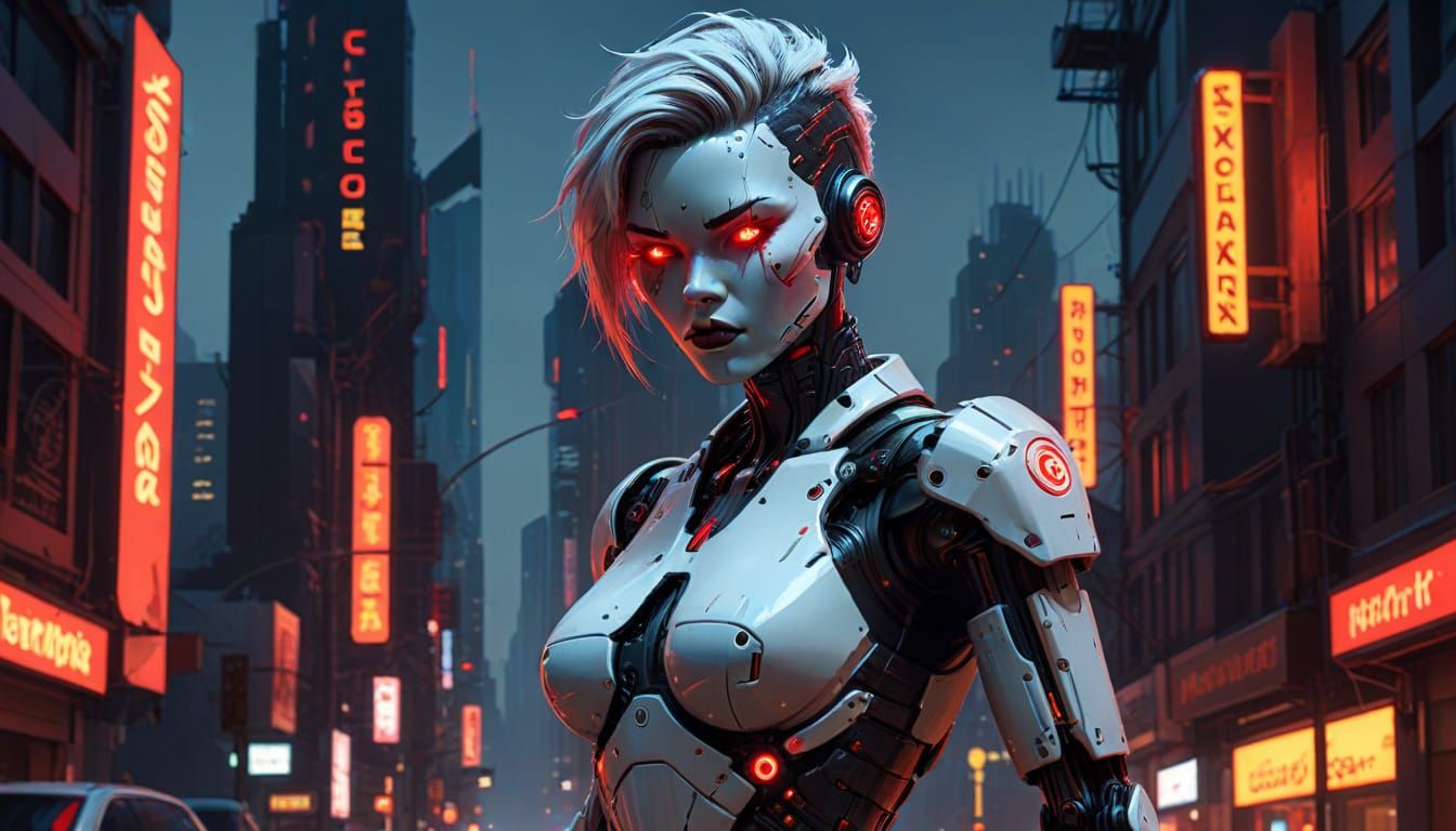 Cyberpunk Cyborg Pinup in Neon Cityscape