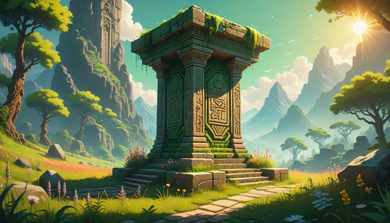 Lush Meadow: Neo-Primitivism Pixel Art Pedestal