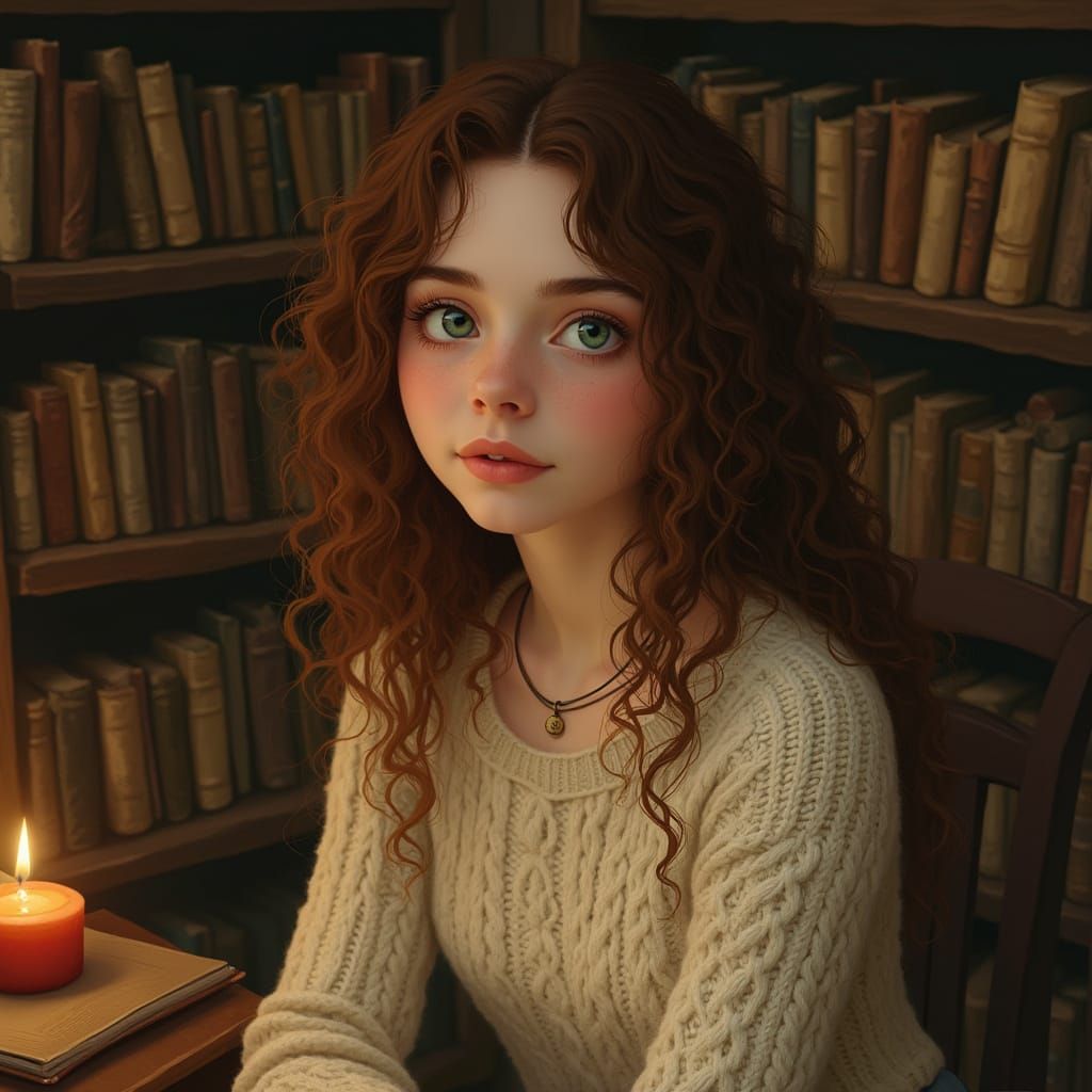 Cozy Bookworm in Vintage Library Setting