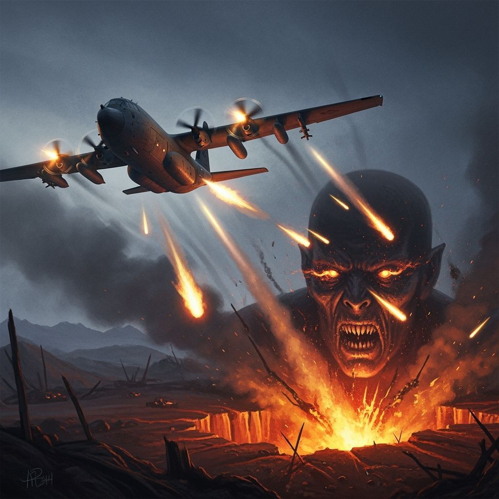 Apocalyptic Gunship Attack in Mignola-McKean Style