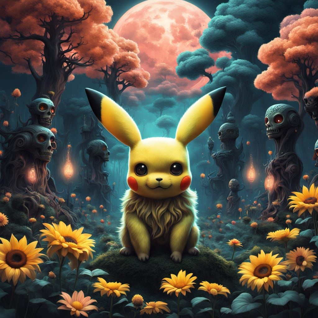 Ethereal Pikachu Goddess in Neon-Lit Dreamscape