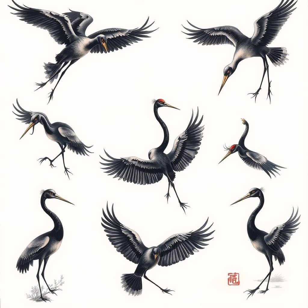 Crane Tattoo Designs in Sfumato Technique