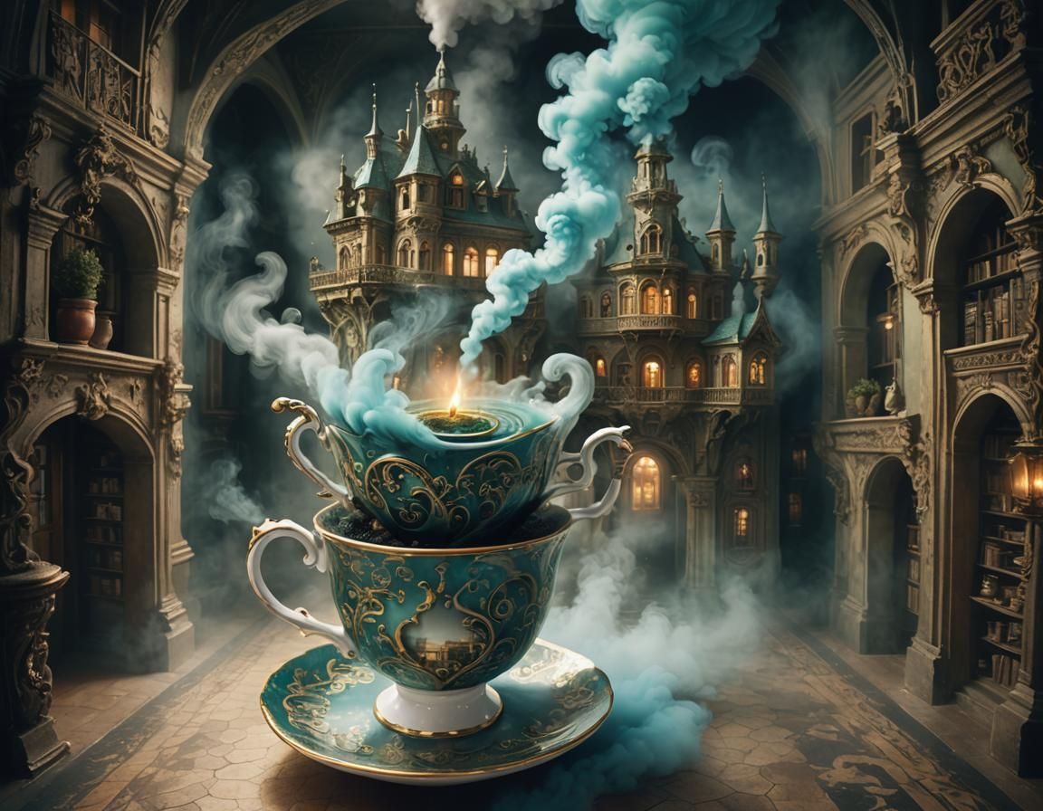 Surreal Town Emerges from Teacup in Dreamlike Haze