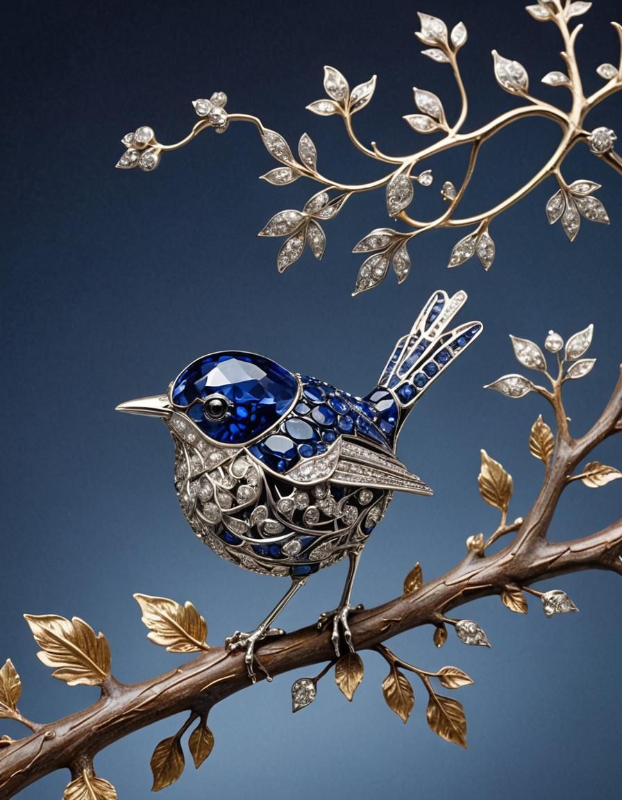 Sapphire Diamond Wren Brooch with Silver Filigree