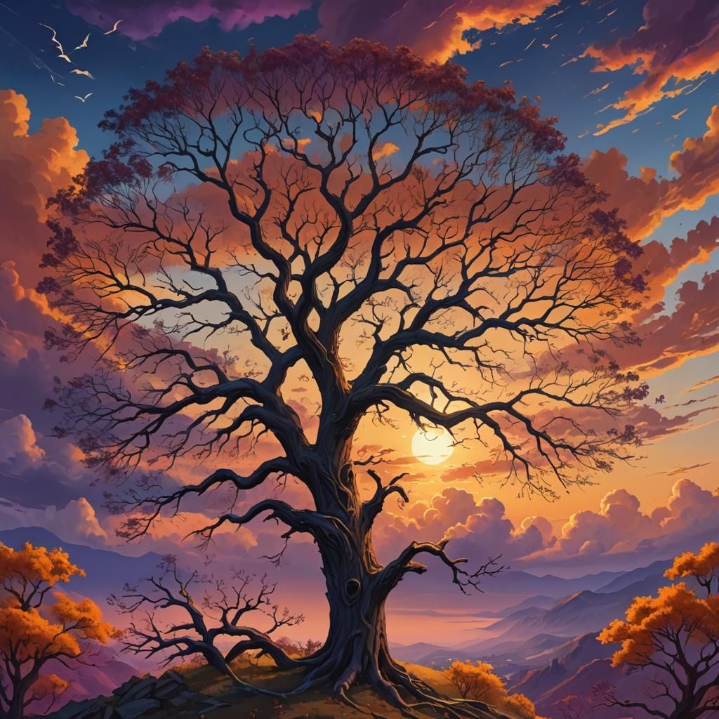 Majestic Tree at Sunset: Digital Matte Painting