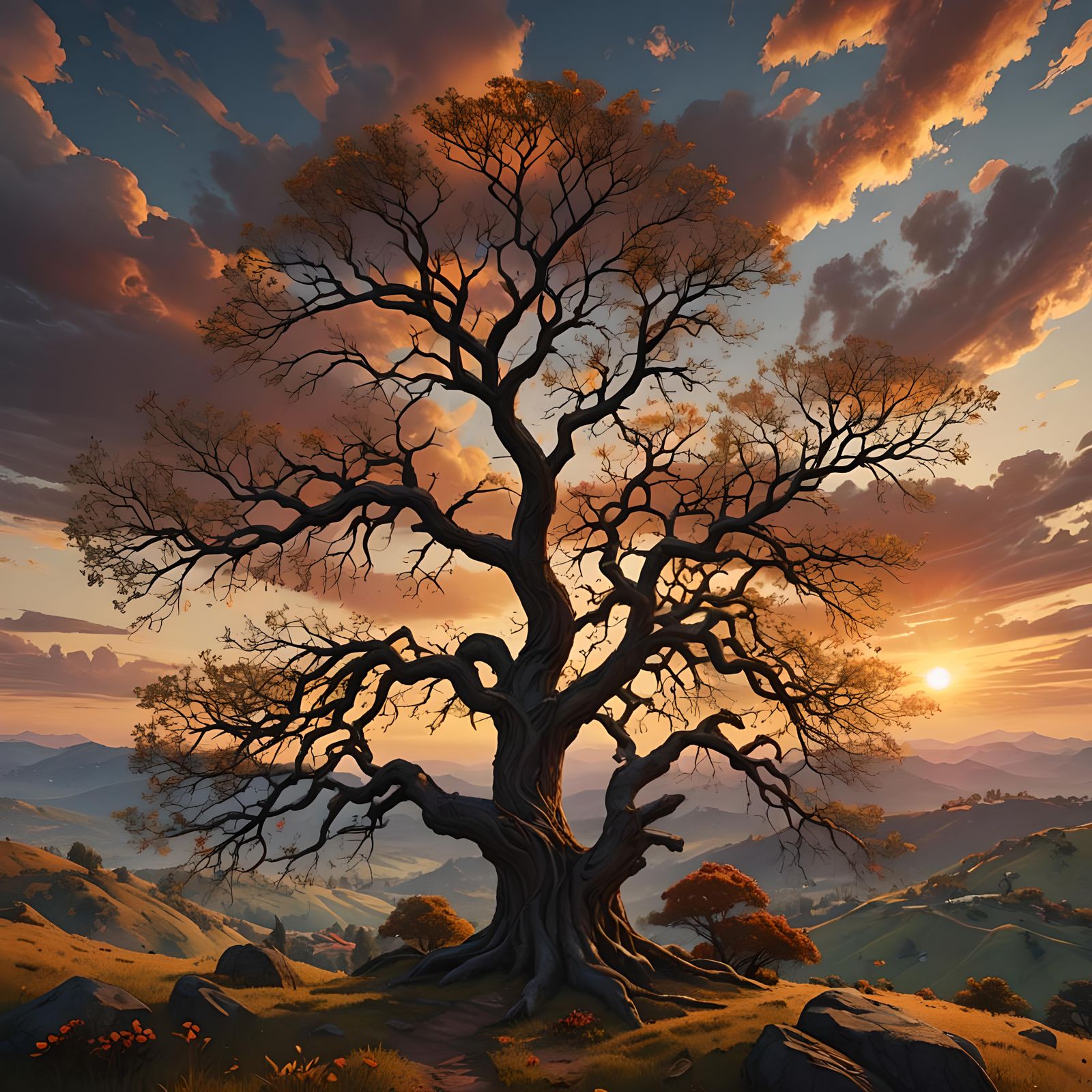 Striking Bare Tree at Sunset, Digital Art