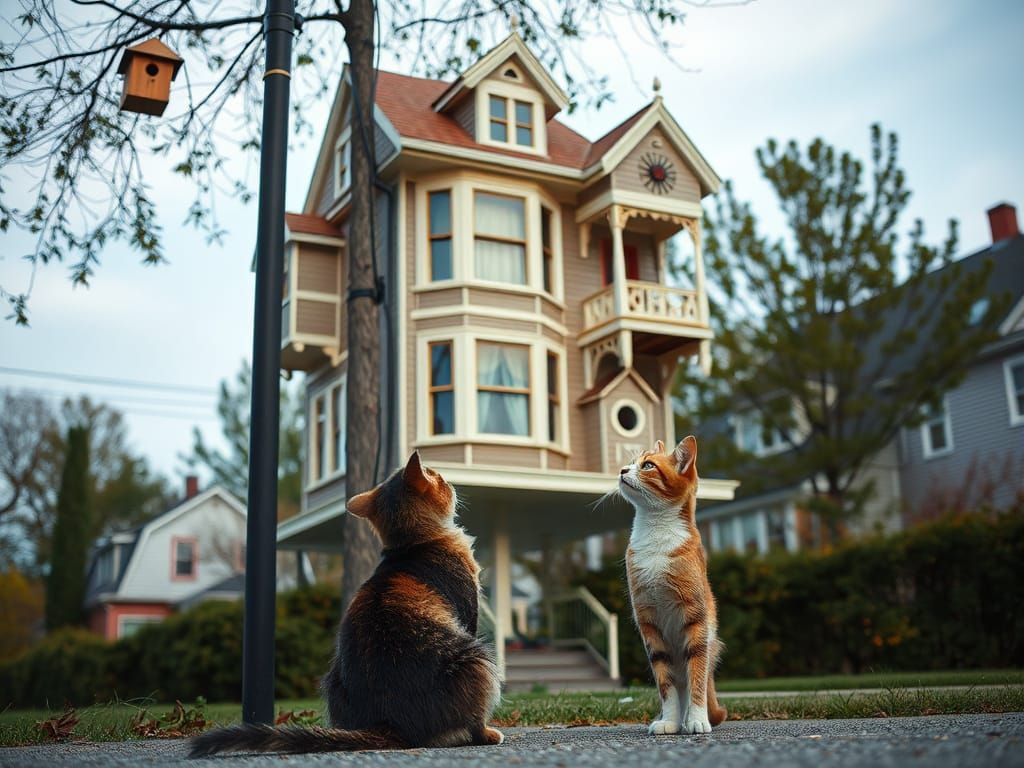 Victorian Birdhouse Apartment Watched by Cat