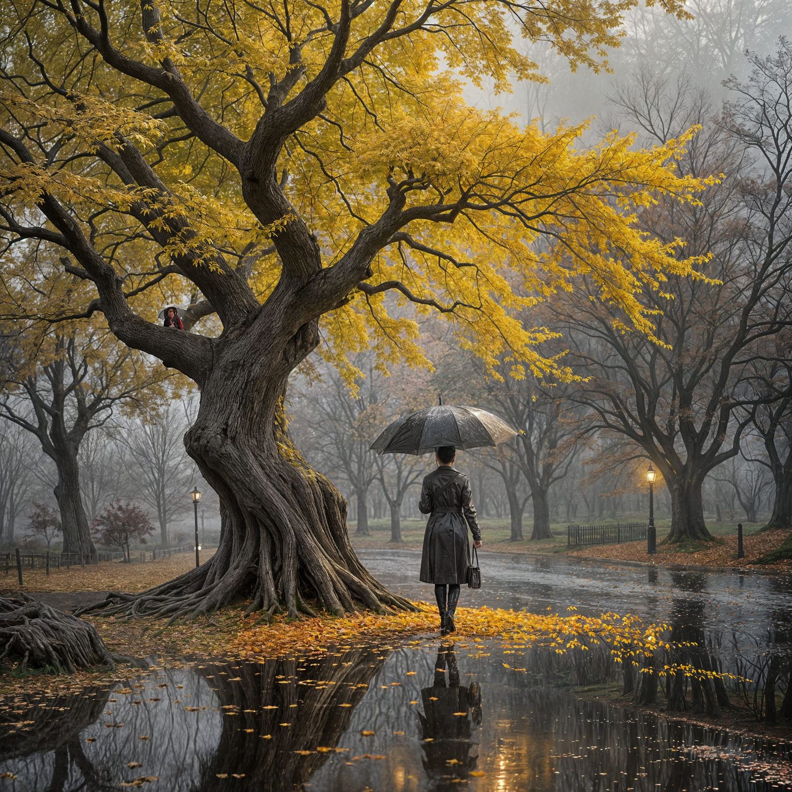 Golden Maple Tree With Traveler in Painterly Realism