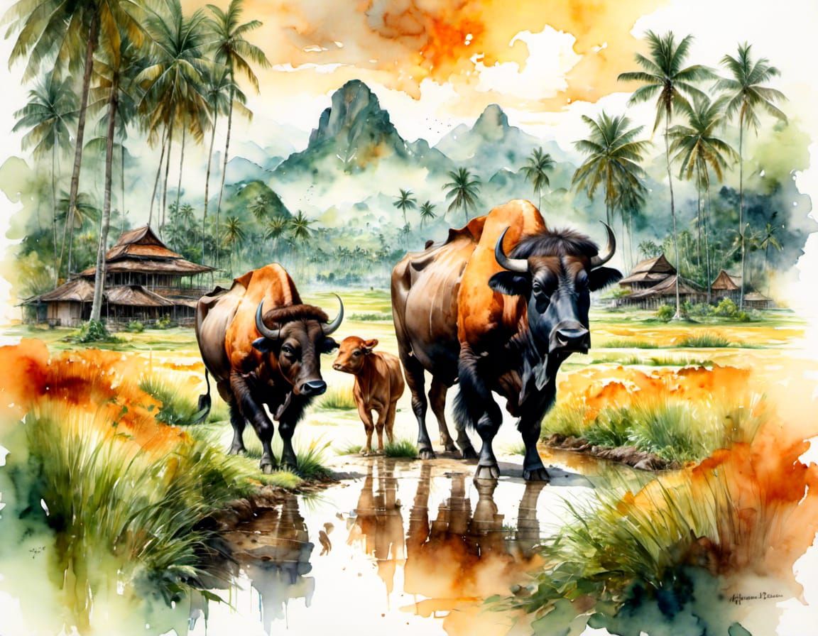 Double Exposure Buffalo and Cow Portrait in Rice Field