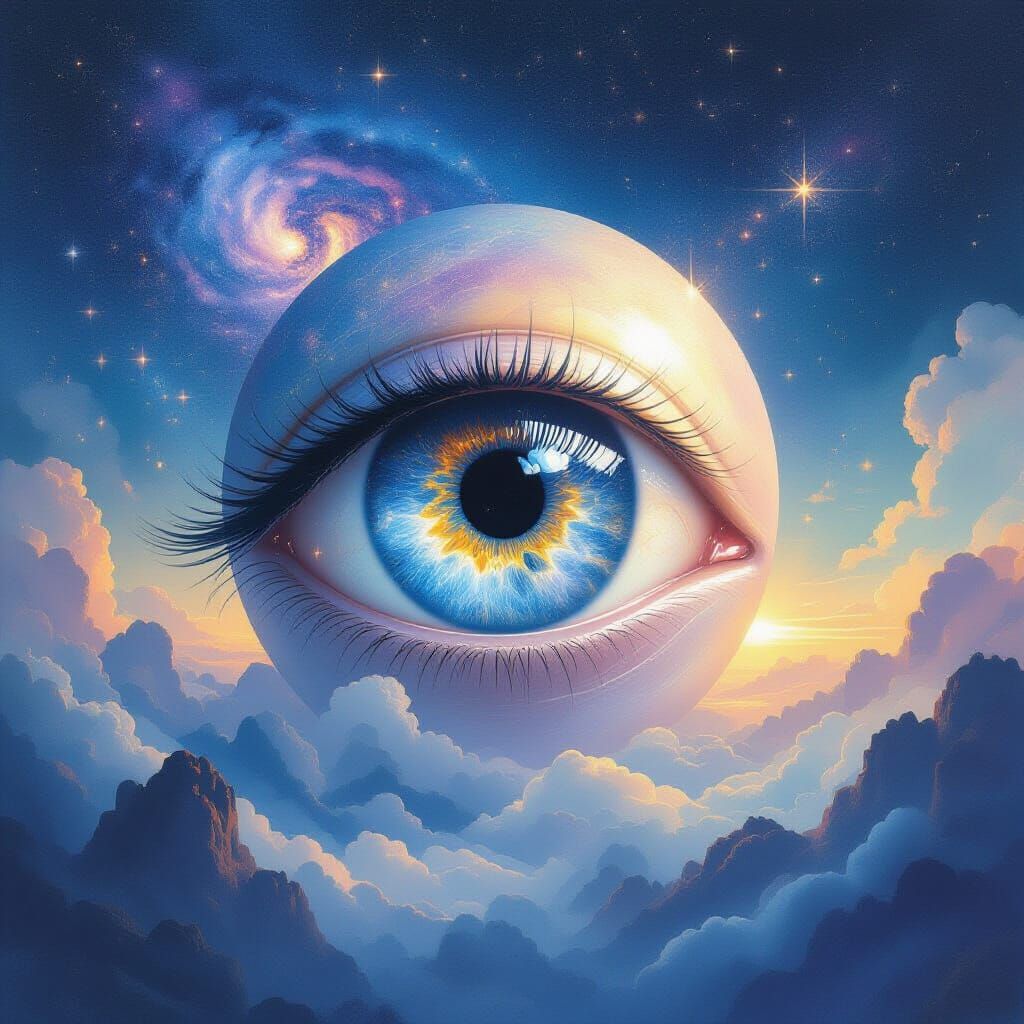 Ancient Eyeball Galaxy in Starry Expanse, Watercolor Style