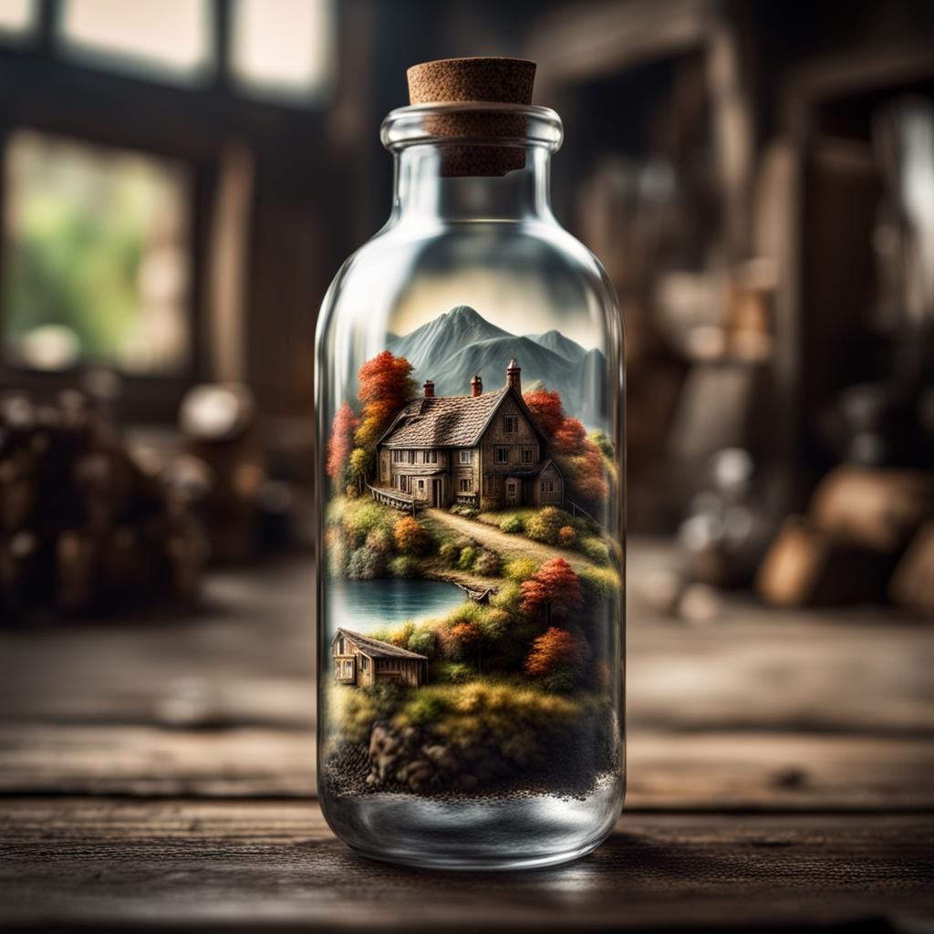 Miniature Village Encased in Glass Bottle