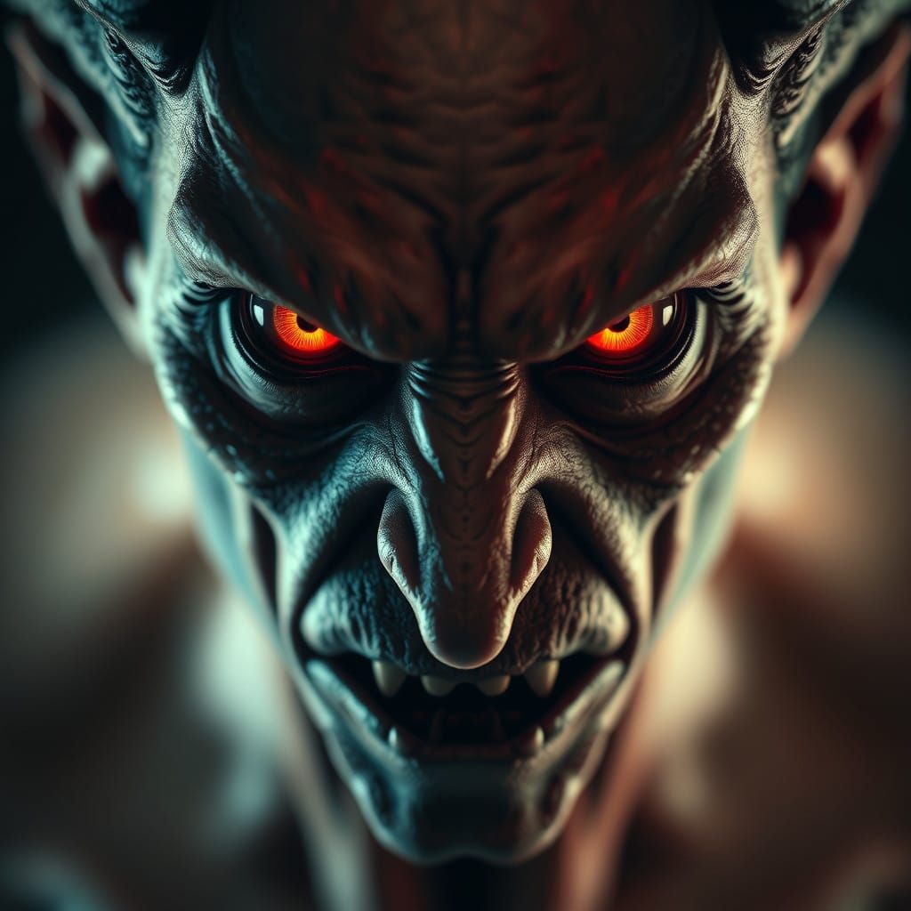 Surreal Portrait of a Demon's Piercing Gaze in Hyper-Realist...