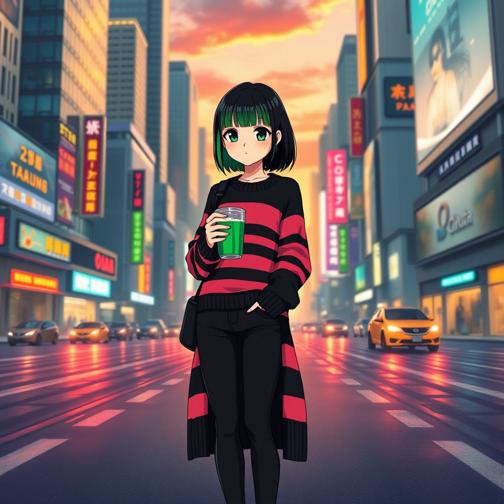 Anime Woman with Green Bangs in Cityscape