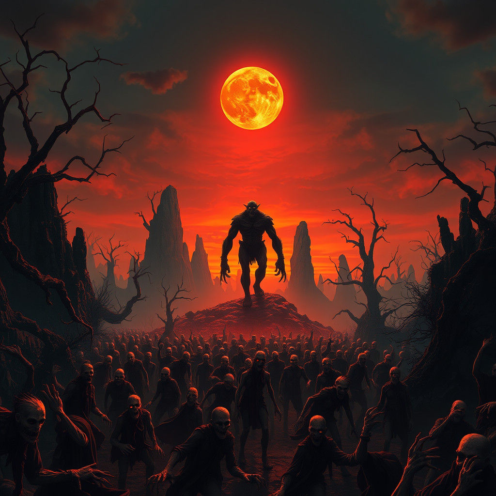 Creepy Blood Moon Zombie Horde Sunset Landscape