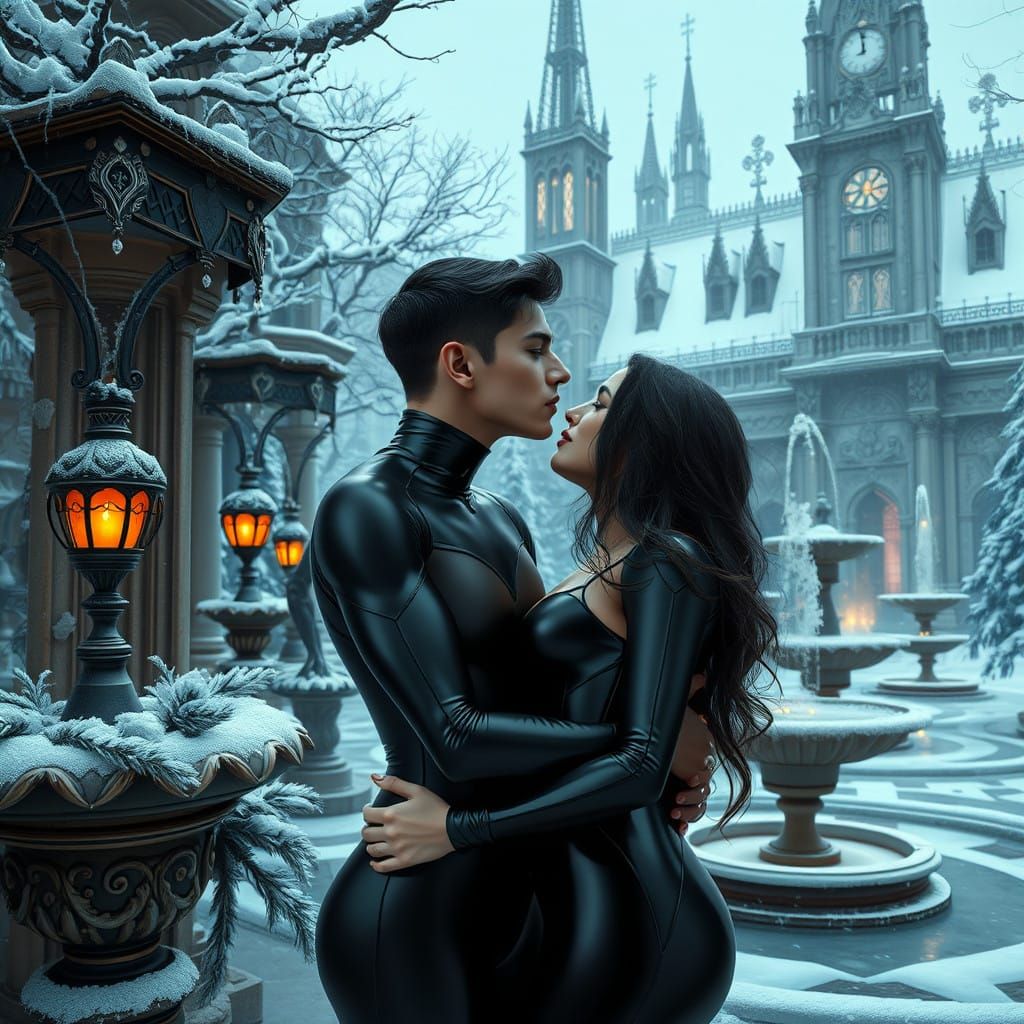Ethereal Winter Romance in Cyberpunk Gothic Style
