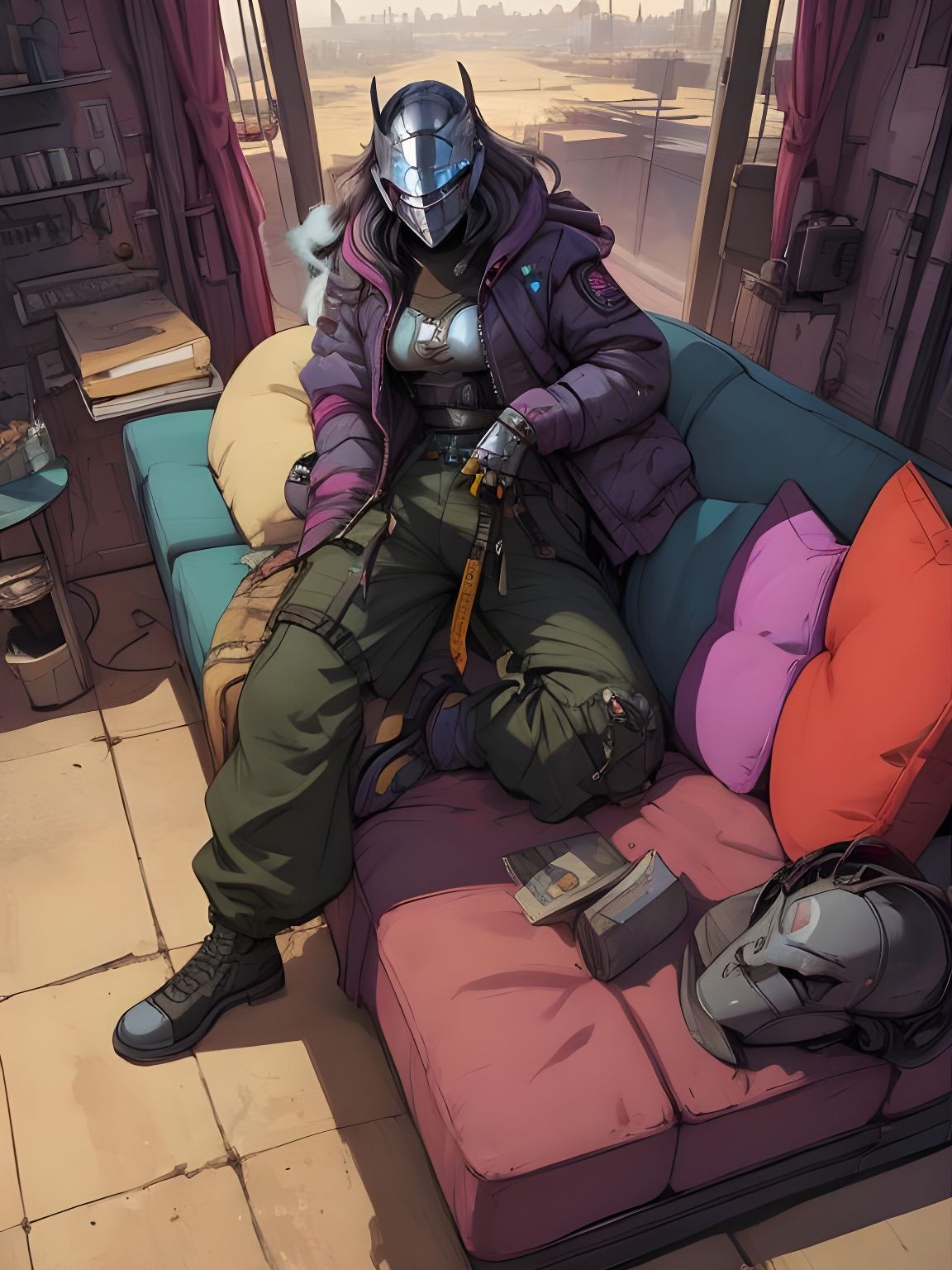 Smug Female Knight Reclining in Cyberpunk Style