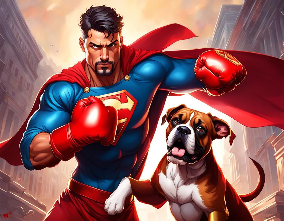 Superhero Boxer Saves Puppy, Digital Art Portrait