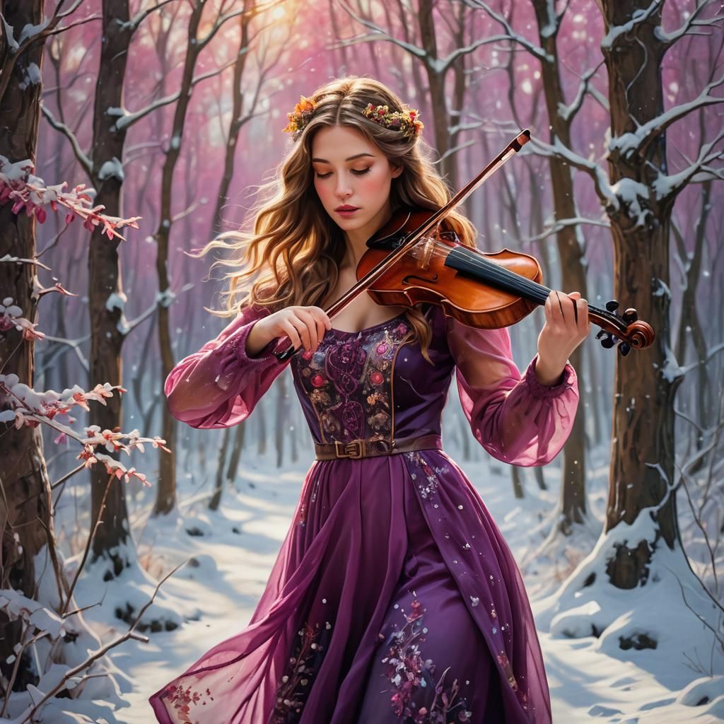 Young Woman Plays Violin in Winter Wonderland
