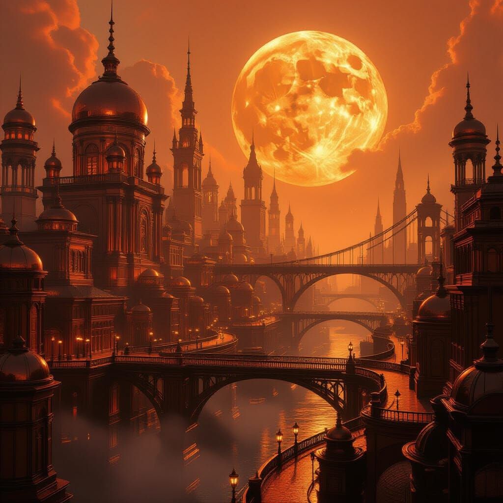 Surreal Copper City With Giant Sun