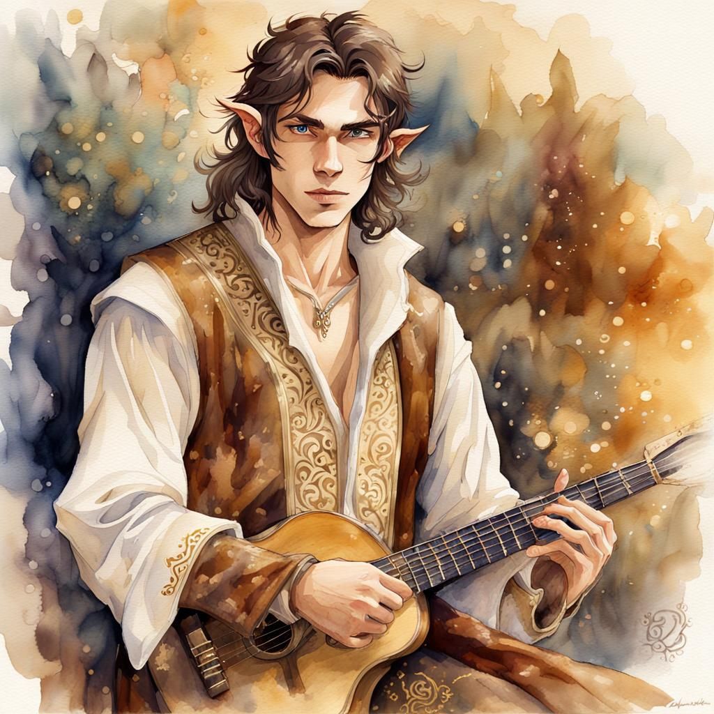 Half-Elf Bard with Steampunk Guitar in Watercolor Style