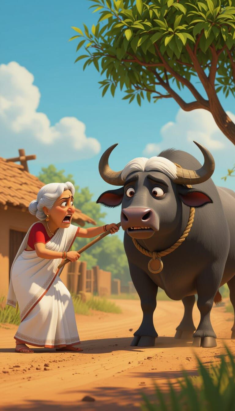 Grandma Scolds Buffalo in 3D Cartoon Village Scene