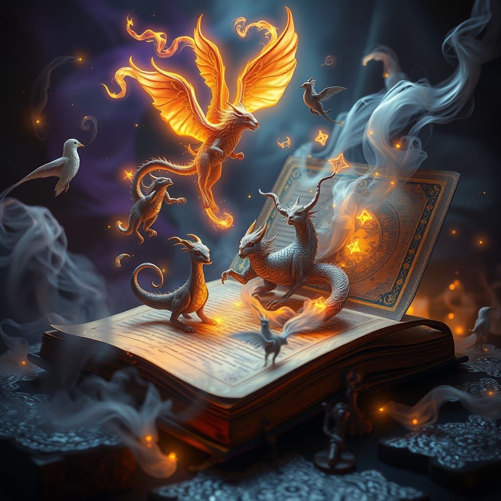 Whimsical Creatures Escape Ancient Tome in Dark Fantasy Art