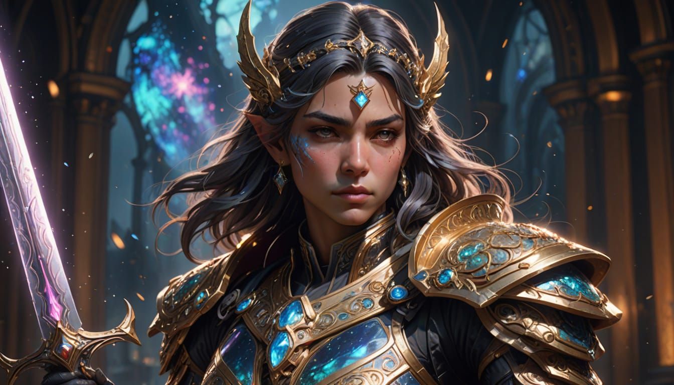 Celestial Warrior in Stardust Armor with Luminous Sword