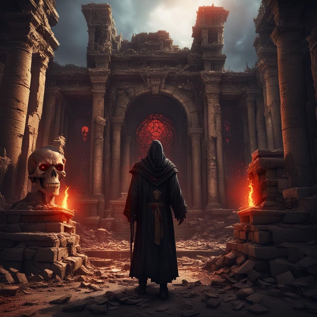 Skull-Faced Sorcerer in Abandoned Temple Ruins